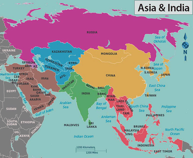 Asia & India Map by Cacahuate, adapted by Peter Fitzgerald, Globe-trotter, Joelf, Texugo, Piet-c and Bennylin