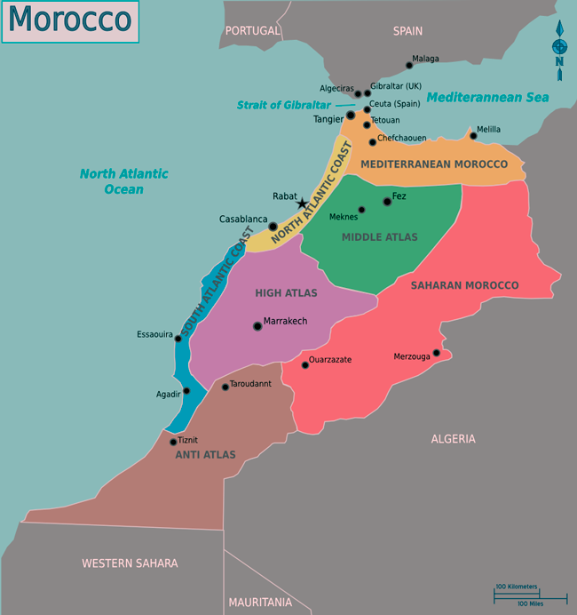 A map of Morocco detailing its Wikivoyage region breakdown and major cities/points of interest, English version CC by 4.0