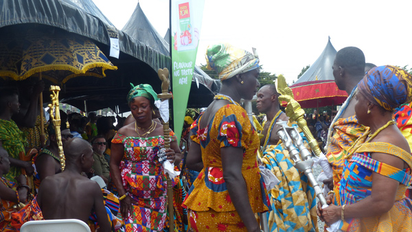Colorfully dressed spectators at the Millet Festival in Ghana. 