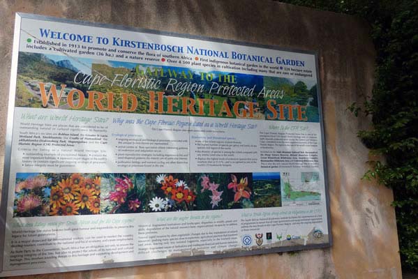 Welcome sign to Kirstenbosch National Botanical Garden.