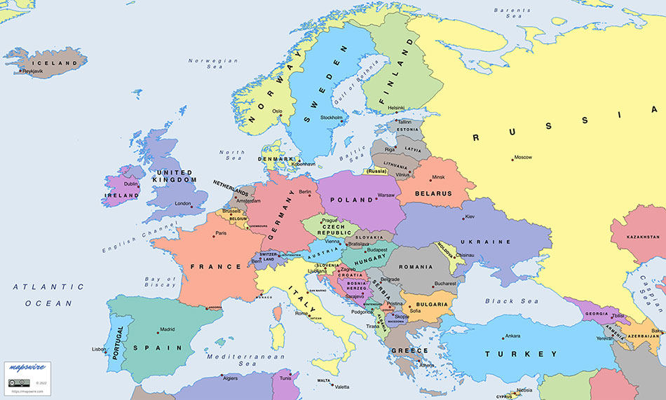 A mapswire modern colorful political map of the nations of Europe