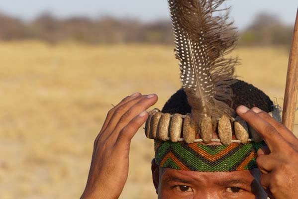 Beautiful, intricate beaded head dress on African man.