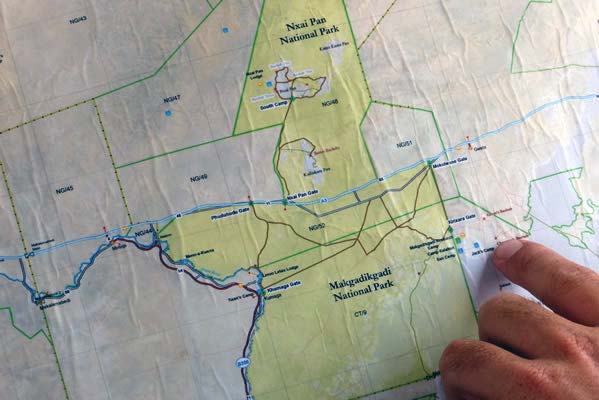 An old map of the Nxai Pan and Makgadikgadi National Parks.