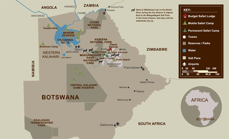 Large graphic map of Botswana with the location of Jack's Camp