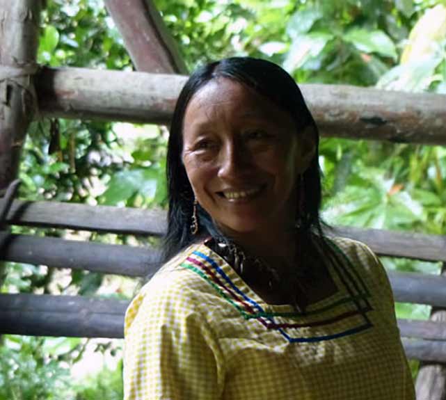 Latin American Indian woman smiling with a yellow blouse.