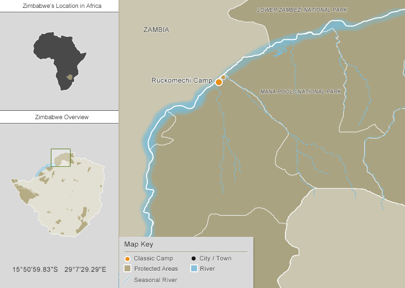 Large graphic map of Zimbabwe's Camp Ruckomechi Safari Camp.