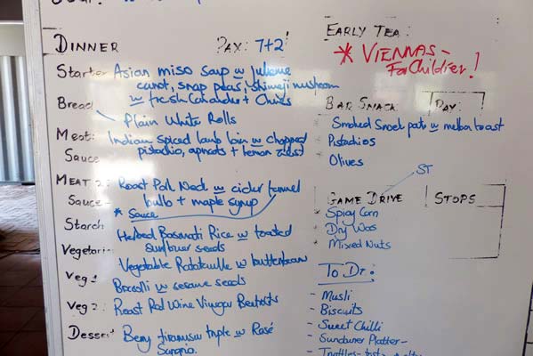 The hand-written menu board at Camp Savuti.