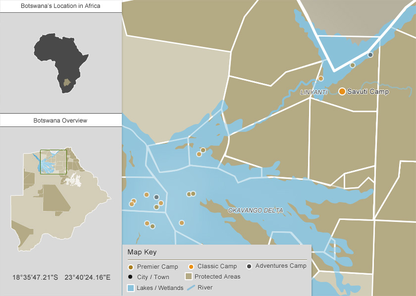 Large graphic map of Botswana's Safari Savuti Camp.