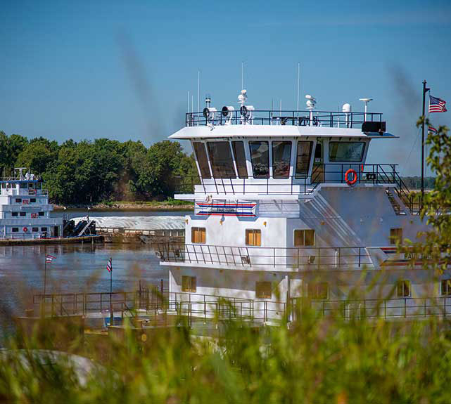 Barge traffic on the Mississippi River.