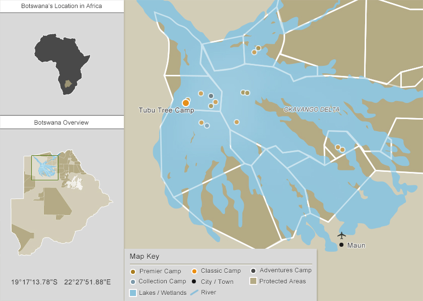 Lare graphic map of Botswana with key to Tubu Tree Camp